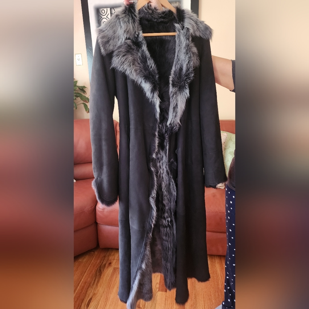 Long Suede Cole Haan coat, fur lined.  Rabbit fur and leather.